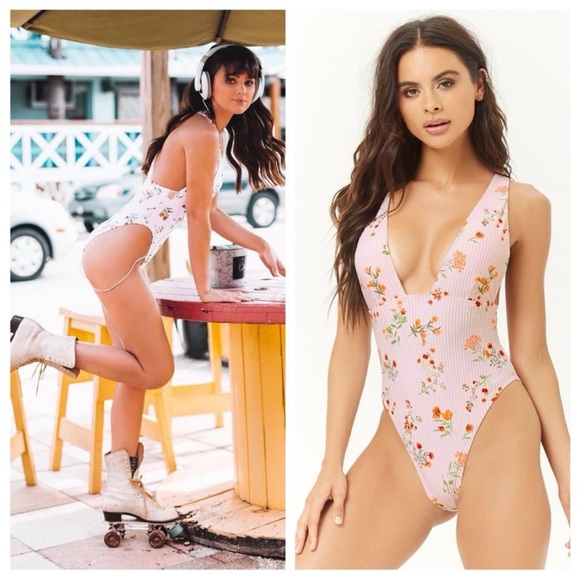 Forever 21 Pink Plunging Striped Floral One Piece Swimsuit. Size S - Picture 1 of 7